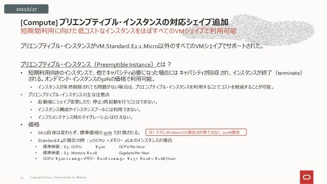 短期間利用に向けた低コストなインスタンスをほぼすべてのVMシェイプで利用可能
プリエンプティブル・インスタンスがVM.Standard.E2.1.Micro以外のすべてのVMシェイプでサポートされた。
プリエンプティブル・インスタンス（Preemptible Instance）とは？
• 短期利用向きのインスタンスで、他でキャパシティ必要になった場合には キャパシティが回収 され、インスタンスが終了（terminate）
される。オンデマンド・インスタンスの50%の価格で利用可能。
• インスタンスが突然削除されても問題がない場合は、プリエンプティブル・インスタンスを利用することでコストを削減することが可能。
• プリエンプティブル・インスタンスの主な注意点
• 起動後にシェイプ変更したり、停止/再起動を行うことはできない。
• インスタンス構成やインスタンスプールには利用できない。
• インフラメンテナンス時のマイグレーションは行えない。
• 価格
• SKU自体は変わらず、標準価格の 50% で計算される。
• Standard.E4の場合の例：1OCPU + メモリー 2GB のインスタンスの場合
• 標準単価： E3 - OCPU ￥3.00 OCPU Per Hour
• 標準単価： E3 - Memory￥0.18 Gigabyte Per Hour
• OCPU ￥3.00 x 1 x 0.5 + メモリー ￥0.18 x 2 x 0.5 = ￥1.5 + ￥0.18 = ￥1.68 / hour
[Compute] プリエンプティブル・インスタンスの対応シェイプ追加
25
注）ただしWindowsOS課金は対象ではなく、100%課金
2022/1/27
Copyright © 2022, Oracle and/or its affiliates
 