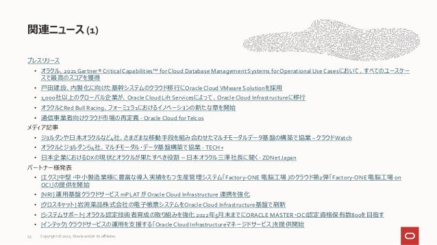 プレスリリース
• オラクル、2021Gartner® Critical Capabilities™ for Cloud Database Management Systems for Operational UseCasesにおいて、すべてのユースケー
スで最高のスコアを獲得
• 戸田建設、内製化に向けた基幹システムのクラウド移行にOracleCloudVMware Solutionを採用
• 1,000社以上のグローバル企業が、OracleCloud Lift Servicesによって、Oracle Cloud Infrastructureに移行
• オラクルとRed Bull Racing、フォーミュラ1におけるイノベーションの新たな章を開始
• 通信事業者向けクラウド市場の再定義 - Oracle Cloud forTelcos
メディア記事
• ジョルダンや日本オラクルなど4社、さまざまな移動手段を組み合わせたマルチモーダルデータ基盤の構築で協業 – クラウドWatch
• オラクルとジョルダンら4社、マルチモーダル・データ基盤構築で協業 -TECH+
• 日本企業におけるDXの現状とオラクルが果たすべき役割－日本オラクル三澤社長に聞く - ZDNet Japan
パートナー様発表
• [エクス]中堅・中小製造業様に豊富な導入実績をもつ生産管理システム「Factory-ONE 電脳工場」のクラウド第2弾「Factory-ONE 電脳工場 on
OCI」の提供を開始
• [NRI] 運用基盤クラウドサービス mPLAT が Oracle Cloud Infrastructure 連携を強化
• [クロスキャット] 岩渕薬品株式会社の電子帳票システムをOracleCloud Infrastructure基盤で刷新
• [システムサポート] オラクル認定技術者育成の取り組みを強化 2022年5月末までにORACLE MASTER・OCI認定資格保有数800を目指す
• [インテック] クラウドサービスの運用を支援する「OracleCloud Infrastructureマネージドサービス」を提供開始
関連ニュース (1)
53 Copyright © 2022, Oracle and/or its affiliates
 