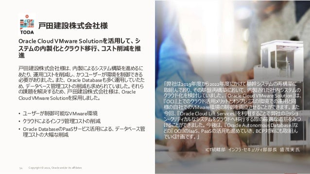 戸田建設株式会社様は、内製によるシステム構築を進めるに
あたり、運用コストを削減し、かつユーザーが環境を制御できる
必要がありました。また、Oracle Databaseも多く運用していたた
め、データベース管理コストの削減も求められていました。それら
の課題を解決するため、戸田建設株式会社様は、Oracle
CloudVMware Solutionを採用しました。
• ユーザーが制御可能なVMware環境
• クラウドによるインフラ管理コストの削減
• Oracle DatabaseのPaaSサービス活用による、データベース管
理コストの大幅な削減
戸田建設株式会社様
54
Oracle CloudVMware Solutionを活用して、シ
ステムの内製化とクラウド移行、コスト削減を推
進
「弊社は2019年度から2022年度にかけて基幹システムの再構築に
取組んでおり、その基盤再構築において、内製された社内システムの
クラウド化を検討していました。『Oracle CloudVMware Solution』は、
『OCI』上でのクラウド活用メリットとオンプレミスの環境での運用と同
様の自社でのVMware環境の制御を両立させることができます。また
今回、『Oracle Cloud Lift Services』を利用することで弊社のミッショ
ン・クリティカルなシステムをクラウドへ移行する際の最適な道筋をみつ
けることができました。今後は、『Oracle Autonomous Database』な
どの『OCI』のIaaS、PaaSの活用も進めていき、BCP対策にも取組ん
でいく計画です。」
ICT統轄部 インフラ･セキュリティ部 部長 盛 茂実 氏
Copyright © 2022, Oracle and/or its affiliates
 