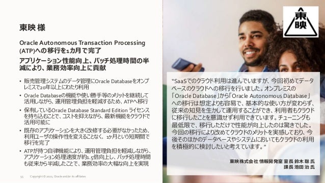 • 販売管理システムのデータ管理にOracle Databaseをオンプ
レミスで20年以上にわたり利用
• Oracle Databaseの機能や使い勝手等のメリットを継続して
活用しながら、運用管理負担を軽減するため、ATPへ移行
• 保有しているOracle Database Standard Edition ライセンス
を持ち込むことで、コストを抑えながら、最新機能をクラウドで
活用可能に
• 既存のアプリケーションを大きく改修する必要がなかったため、
利用ユーザの操作性を変えることなく、 1ヶ月という短期間で
移行を完了
• ATPが持つ自律機能により、運用管理負担を軽減しながら、
アプリケーション処理速度が約1.5倍向上し、バッチ処理時間
も従来から半減したことで、業務効率の大幅な向上を実現
東映 様
55
Oracle AutonomousTransaction Processing
(ATP)への移行を1カ月で完了
アプリケーション性能向上、バッチ処理時間の半
減により、業務効率向上に貢献
“SaaSでのクラウド利用は進んでいますが、今回初めてデータ
ベースのクラウドへの移行を行いました。オンプレミスの
「Oracle Database」から「Oracle Autonomous Database」
への移行は想定よりも容易で、基本的な使い方が変わらず、
従来の知見を生かして運用することができ、利用者もクラウド
に移行したことを意識せず利用できています。チューニングも
最低限で、移行しただけで性能が向上したのは驚きでした。
今回の移行により改めてクラウドのメリットを実感しており、今
後そのほかのデータベースやシステムにおいてもクラウドの利用
を積極的に検討したいと考えています。"
東映株式会社 情報開発室 室長 鈴木 聡 氏
課長 池田 治 氏
Copyright © 2022, Oracle and/or its affiliates
 