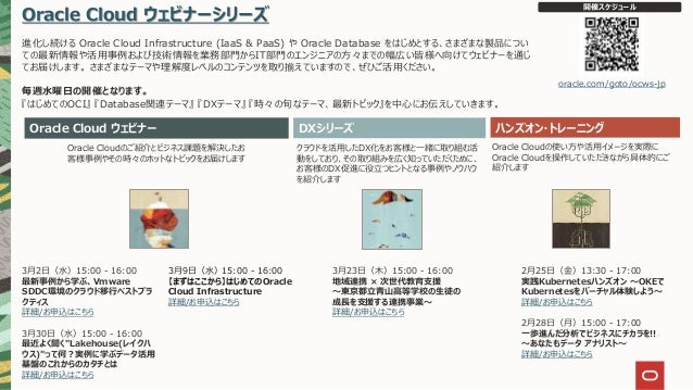 Oracle Cloud ウェビナーシリーズ
進化し続ける Oracle Cloud Infrastructure (IaaS & PaaS) や Oracle Database をはじめとする、さまざまな製品につい
ての最新情報や活用事例および技術情報を業務部門からIT部門のエンジニアの方々までの幅広い皆様へ向けてウェビナーを通じ
てお届けします。 さまざまなテーマや理解度レベルのコンテンツを取り揃えていますので、ぜひご活用ください。
毎週水曜日の開催となります。
『はじめてのOCI』 『Database関連テーマ』 『DXテーマ』 『時々の旬なテーマ、最新トピック』を中心にお伝えしていきます。
Oracle Cloud ウェビナー ハンズオン・トレーニング
Oracle Cloudのご紹介とビジネス課題を解決したお
客様事例やその時々のホットなトピックをお届けします
クラウドを活用したDX化をお客様と一緒に取り組む活
動をしており、その取り組みを広く知っていただくために、
お客様のDX促進に役立つヒントとなる事例やノウハウ
を紹介します
Oracle Cloudの使い方や活用イメージを実際に
Oracle Cloudを操作していただきながら具体的にご
紹介します
開催スケジュール
oracle.com/goto/ocws-jp
DXシリーズ
2月25日（金）13:30 - 17:00
実践Kubernetesハンズオン ～OKEで
Kubernetesをバーチャル体験しよう～
詳細/お申込はこちら
2月28日（月）15:00 - 17:00
一歩進んだ分析でビジネスにチカラを!!
～あなたもデータ アナリスト～
詳細/お申込はこちら
3月2日（水）15:00 - 16:00
最新事例から学ぶ、Vmware
SDDC環境のクラウド移行ベストプラ
クティス
詳細/お申込はこちら
3月30日（水）15:00 - 16:00
最近よく聞く"Lakehouse(レイクハ
ウス)"って何？実例に学ぶデータ活用
基盤のこれからのカタチとは
詳細/お申込はこちら
3月23日（木）15:00 - 16:00
地域連携 × 次世代教育支援
～東京都立青山高等学校の生徒の
成長を支援する連携事業～
詳細/お申込はこちら
3月9日（水）15:00 - 16:00
【まずはここから】はじめてのOracle
Cloud Infrastructure
詳細/お申込はこちら
 