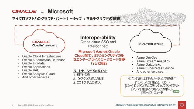 Microsoft AzureとOracle
Cloud間で、ミッションクリティカル
なエンタープライズワークロードを移
行して実行
Interoperability
Cross-cloud SSO and
Interconnect
• Oracle Cloud Infrastructure
• Oracle Autonomous Database
• Oracle Exadata
• Oracle Applications
• Oracle RAC
• Oracle Analytics Cloud
• And other services…
• Azure DevOps
• Azure Stream Analytics
• Azure Databricks
• Azure Kubernetes Service
• And other services…
Microsoft Azure
パートナーシップのポイント
1. 相互接続
2. ID/アクセス統合管理
3. エコシステムの拡大
マイクロソフトとのクラウド・パートナーシップ：マルチクラウドの推進
7
+ Microsoft
https://www.oracle.com/jp/cloud/azure-interconnect.html
相互接続は以下のリージョンで提供中
[北米] 米国(東西)/トロント
[欧州] ロンドン/アムステルダム/フランクフルト
[アジア] 東京/ソウル/シンガポール
[南米]ヴィニェード New
Copyright © 2022, Oracle and/or its affiliates
 