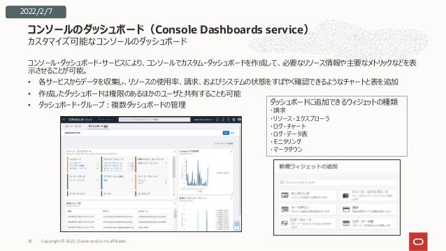 カスタマイズ可能なコンソールのダッシュボード
コンソール・ダッシュボード・サービスにより、コンソールでカスタム・ダッシュボードを作成して、必要なリソース情報や主要なメトリックなどを表
⽰させることが可能。
• 各サービスからデータを収集し、リソースの使⽤率、請求、およびシステムの状態をすばやく確認できるようなチャートと表を追加
• 作成したダッシュボードは権限のあるほかのユーザと共有することも可能
• ダッシュボード・グループ︓複数ダッシュボードの管理
コンソールのダッシュボード（Console Dashboards service）
ダッシュボードに追加できるウィジェットの種類
・請求
・リソース・エクスプローラ
・ログ・チャート
・ログ・データ表
・モニタリング
・マークダウン
2022/2/7
Copyright © 2022, Oracle and/or its affiliates
18
 