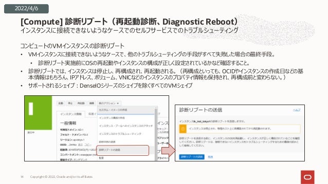 インスタンスに接続できないようなケースでのセルフサービスでのトラブルシューティング
コンピュートのVMインスタンスの診断リブート
• VMインスタンスに接続できないようなケースで、他のトラブルシューティングの⼿段がすべて失敗した場合の最終⼿段。
• 診断リブート実施前にOSの再起動やインスタンスの構成が正しく設定されているかなど確認すること。
• 診断リブートでは、インスタンスは停⽌し、再構成され、再起動される。（再構成といっても、OCIDやインスタンスの作成⽇などの基
本情報はもちろん、IPアドレス、ボリューム、VNICなどのインスタンスのプロパティ情報も保持され、再構成前と変わらない。）
• サポートされるシェイプ︓DenseIOシリーズのシェイプを除くすべてのVMシェイプ
[Compute] 診断リブート（再起動診断、Diagnostic Reboot）
Copyright © 2022, Oracle and/or its affiliates
14
2022/4/6
 