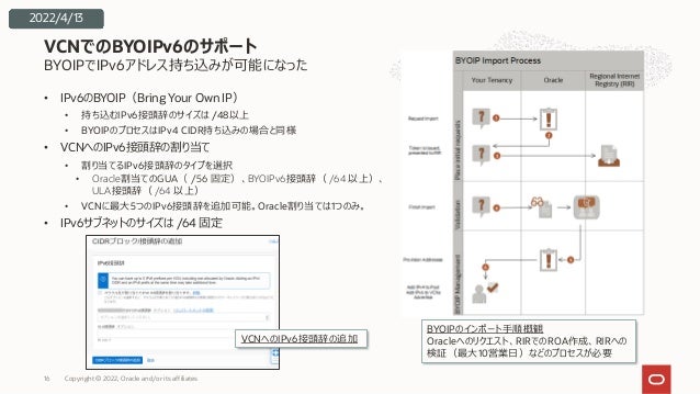 BYOIPでIPv6アドレス持ち込みが可能になった
• IPv6のBYOIP（Bring Your Own IP）
• 持ち込むIPv6接頭辞のサイズは /48以上
• BYOIPのプロセスはIPv4 CIDR持ち込みの場合と同様
• VCNへのIPv6接頭辞の割り当て
• 割り当てるIPv6接頭辞のタイプを選択
• Oracle割当てのGUA（ /56 固定）、BYOIPv6接頭辞（ /64 以上）、
ULA接頭辞（ /64 以上）
• VCNに最⼤5つのIPv6接頭辞を追加可能。Oracle割り当ては1つのみ。
• IPv6サブネットのサイズは /64 固定
VCNでのBYOIPv6のサポート
Copyright © 2022, Oracle and/or its affiliates
16
VCNへのIPv6接頭辞の追加
BYOIPのインポート⼿順概観
Oracleへのリクエスト、RIRでのROA作成、RIRへの
検証（最⼤10営業⽇）などのプロセスが必要
2022/4/13
 