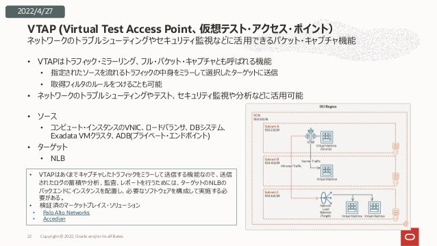 ネットワークのトラブルシューティングやセキュリティ監視などに活⽤できるパケット・キャプチャ機能
• VTAPはトラフィック・ミラーリング、フル・パケット・キャプチャとも呼ばれる機能
• 指定されたソースを流れるトラフィックの中⾝をミラーして選択したターゲットに送信
• 取得フィルタのルールをつけることも可能
• ネットワークのトラブルシューティングやテスト、セキュリティ監視や分析などに活⽤可能
VTAP (Virtual Test Access Point、仮想テスト・アクセス・ポイント）
Copyright © 2022, Oracle and/or its affiliates
22
2022/4/27
• ソース
• コンピュート・インスタンスのVNIC、ロードバランサ、DBシステム、
Exadata VMクラスタ、ADB(プライベート・エンドポイント)
• ターゲット
• NLB
• VTAPはあくまでキャプチャしたトラフィックをミラーして送信する機能なので、送信
されたログの蓄積や分析、監査、レポートを⾏うためには、ターゲットのNLBの
バックエンドにインスタンスを配置し、必要なソフトウェアを構成して実施する必
要がある。
• 検証済のマーケットプレイス・ソリューション
• Palo Alto Networks
• Accedian
 