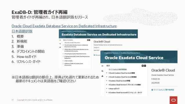 管理者ガイドが再編され、⽇本語翻訳版もリリース
Oracle Cloud Exadata Database Service on Dedicated Infrastructure
⽇本語翻訳版
1. 概要
2. 新機能
3. 準備
4. デプロイメントの開始
5. How-toガイド
6. リファレンス・ガイド
※⽇本語版は翻訳の都合上、原典よりも遅れて更新されるため
最新のドキュメントは英語版をご確認ください
ExaDB-D: 管理者ガイド再編
Copyright © 2022, Oracle and/or its affiliates
31
 