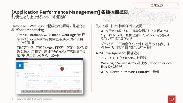 利便性を向上させるための機能追加
Database + WebLogicで構成される環境に最適化さ
れたStack Monitoring
• Oracle DatabaseおよびOracle WebLogicから構
成されるシステム構成を統合監視するための統合
ビューを追加
• EBSプロセス、EBS Forms、EBSワークフローなども監
視対象として検知、追加できOracle EBS環境では
最適なモニタリングダッシュボード
ダッシュボードでの検索条件の変更
• APMダッシュボードにて複数登録された各種APM
ウィジェットに対し、画⾯上部にてフィルターを変更す
ることが可能になりました
• ダッシュボード下の全ウィジェットに適⽤される表⽰条
件を⼀括して切り替えることができます
APM Java Agentへの機能追加
• トレースコール毎のspanの上限設定
• WebLogic Server Arrayメトリック、Oracle Service
Bus 12cの監視
• APM TracerでのMaven Centralへの発信
[Application Performance Management] 各種機能拡張
Copyright © 2022, Oracle and/or its affiliates
45
DB, App Server, EBSプロセスを単⼀画⾯で統合監視
機能拡張
 