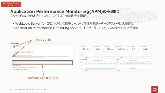 スタック作成中のオプションとしてOCI APMの構成を可能に
• WebLogic Server for OCI ドメインの管理サーバーと管理対象サーバーのパフォーマンスを監視
• Application Performance Monitoring ダッシュボードでサーバーのメトリクスを表⽰することが可能
Application Performance Monitoring(APM)の有効化
Copyright © 2022, Oracle and/or its affiliates
66
チェックを2ヵ所
APMのドメインIDを⼊⼒
WebLogic Server
for OCI
 