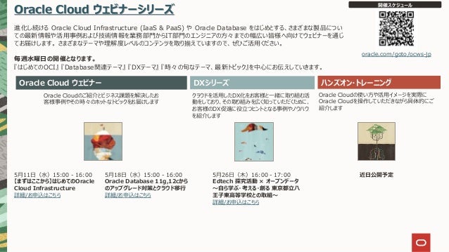 Oracle Cloud ウェビナーシリーズ
進化し続ける Oracle Cloud Infrastructure (IaaS & PaaS) や Oracle Database をはじめとする、さまざまな製品につい
ての最新情報や活⽤事例および技術情報を業務部⾨からIT部⾨のエンジニアの⽅々までの幅広い皆様へ向けてウェビナーを通じ
てお届けします。 さまざまなテーマや理解度レベルのコンテンツを取り揃えていますので、ぜひご活⽤ください。
毎週⽔曜⽇の開催となります。
『はじめてのOCI』 『Database関連テーマ』 『DXテーマ』 『時々の旬なテーマ、最新トピック』を中⼼にお伝えしていきます。
Oracle Cloud ウェビナー ハンズオン・トレーニング
Oracle Cloudのご紹介とビジネス課題を解決したお
客様事例やその時々のホットなトピックをお届けします
クラウドを活⽤したDX化をお客様と⼀緒に取り組む活
動をしており、その取り組みを広く知っていただくために、
お客様のDX促進に役⽴つヒントとなる事例やノウハウ
を紹介します
Oracle Cloudの使い⽅や活⽤イメージを実際に
Oracle Cloudを操作していただきながら具体的にご
紹介します
開催スケジュール
oracle.com/goto/ocws-jp
DXシリーズ
近⽇公開予定
5⽉18⽇（⽔）15:00 - 16:00
Oracle Database 11g,12cから
のアップグレード対策とクラウド移⾏
詳細/お申込はこちら
5⽉26⽇（⽊）16:00 - 17:00
Edtech 探究活動 × オープンデータ
〜⾃ら学ぶ・考える・創る 東京都⽴⼋
王⼦東⾼等学校との取組〜
詳細/お申込はこちら
5⽉11⽇（⽔）15:00 - 16:00
【まずはここから】はじめてのOracle
Cloud Infrastructure
詳細/お申込はこちら
 