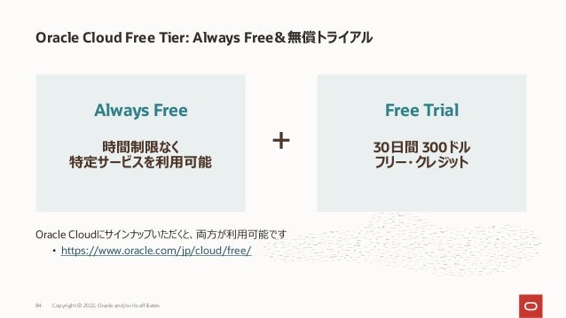 Oracle Cloudにサインナップいただくと、両⽅が利⽤可能です
• https://www.oracle.com/jp/cloud/free/
Oracle Cloud Free Tier: Always Free＆無償トライアル
Always Free
時間制限なく
特定サービスを利⽤可能
Free Trial
30⽇間 300ドル
フリー・クレジット
+
84 Copyright © 2022, Oracle and/or its affiliates
 