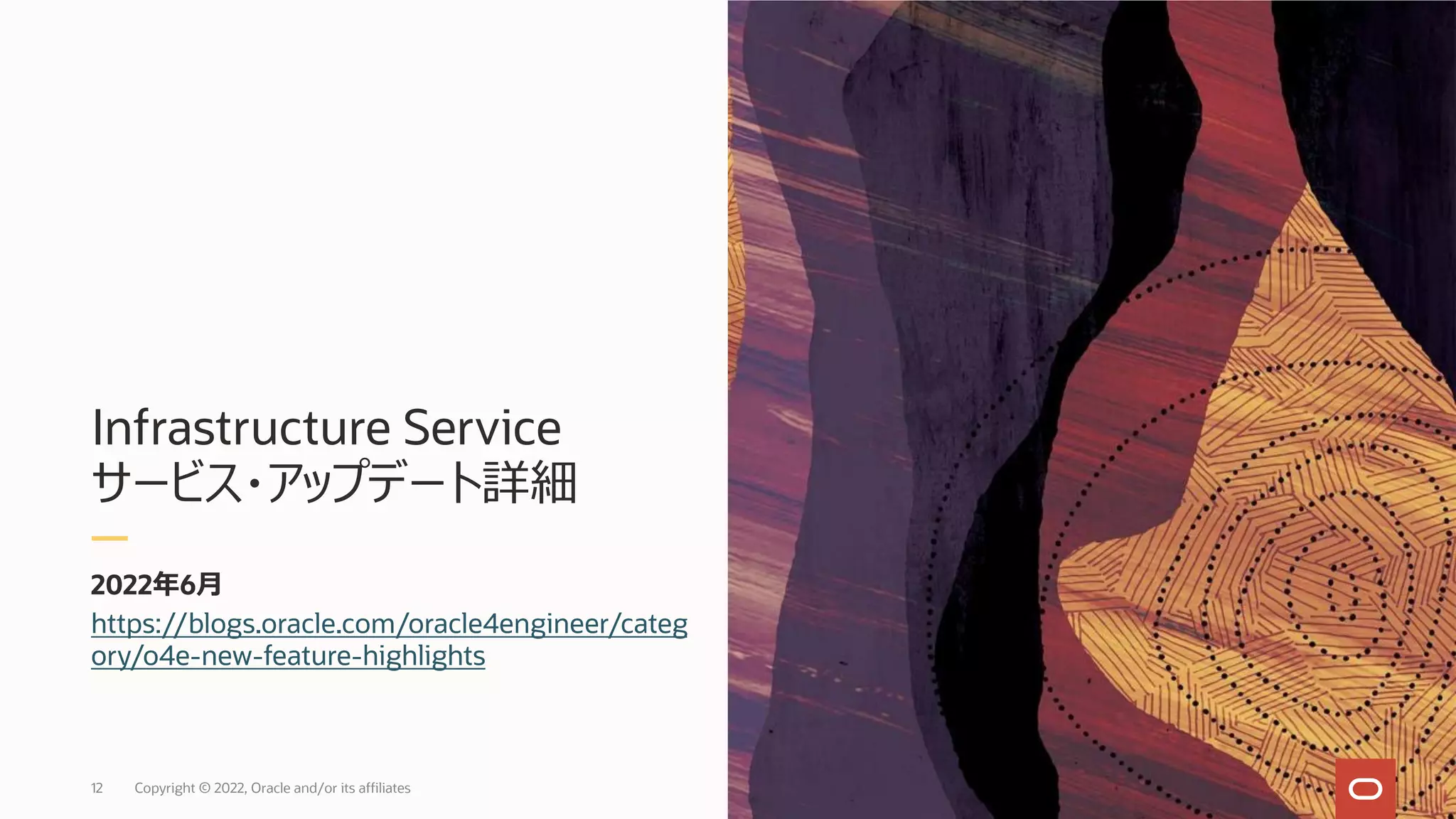 Infrastructure Service
サービス・アップデート詳細
2022年6⽉
https://blogs.oracle.com/oracle4engineer/categ
ory/o4e-new-feature-highlights
12 Copyright © 2022, Oracle and/or its affiliates
 