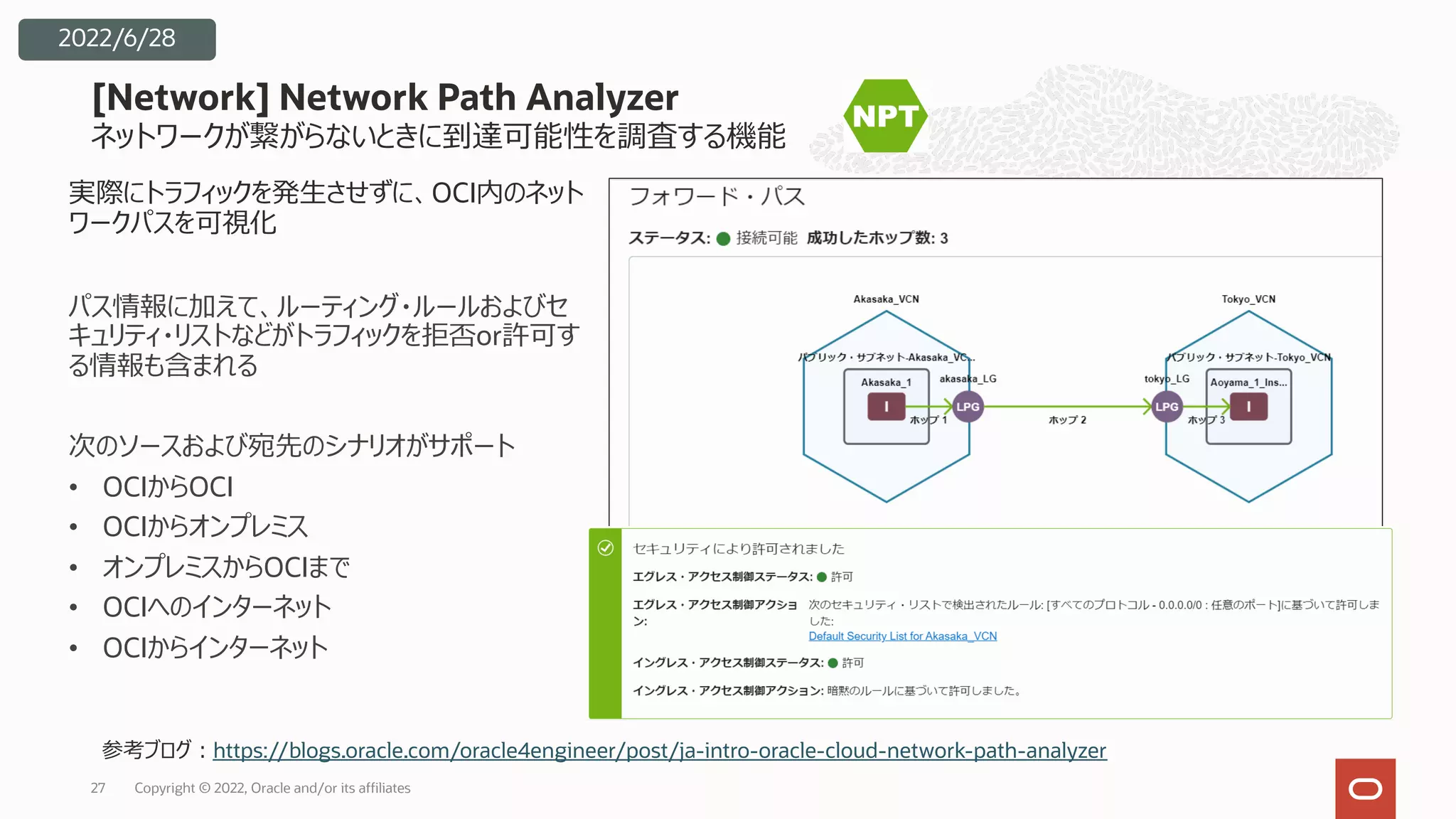 ネットワークが繋がらないときに到達可能性を調査する機能
[Network] Network Path Analyzer
Copyright © 2022, Oracle and/or its affiliates
27
2022/6/28
実際にトラフィックを発⽣させずに、OCI内のネット
ワークパスを可視化
パス情報に加えて、ルーティング・ルールおよびセ
キュリティ・リストなどがトラフィックを拒否or許可す
る情報も含まれる
次のソースおよび宛先のシナリオがサポート
• OCIからOCI
• OCIからオンプレミス
• オンプレミスからOCIまで
• OCIへのインターネット
• OCIからインターネット
参考ブログ︓https://blogs.oracle.com/oracle4engineer/post/ja-intro-oracle-cloud-network-path-analyzer
 