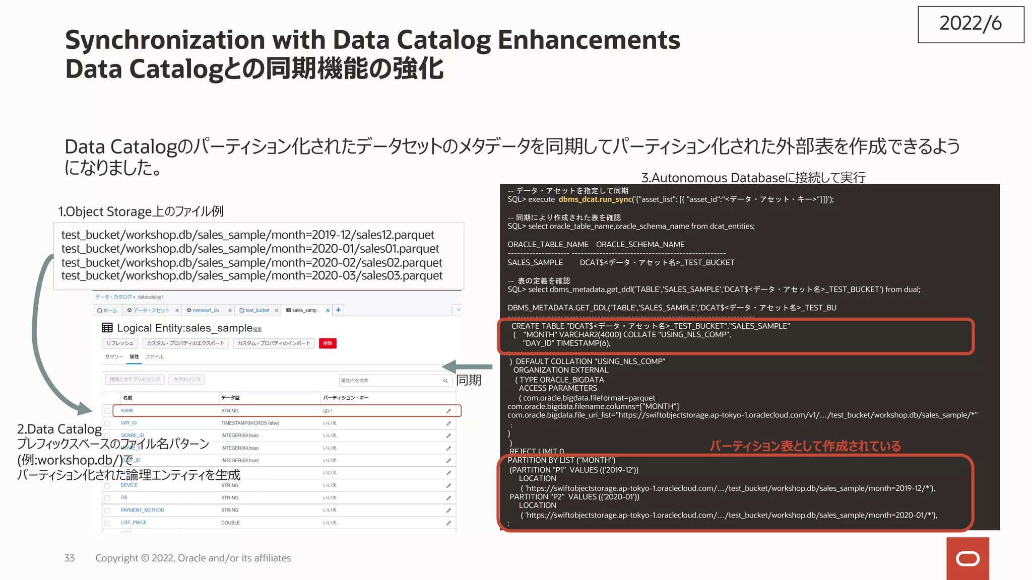 33 Copyright © 2022, Oracle and/or its affiliates
Synchronization with Data Catalog Enhancements
Data Catalogとの同期機能の強化
Data Catalogのパーティション化されたデータセットのメタデータを同期してパーティション化された外部表を作成できるよう
になりました。
2022/6
test_bucket/workshop.db/sales_sample/month=2019-12/sales12.parquet
test_bucket/workshop.db/sales_sample/month=2020-01/sales01.parquet
test_bucket/workshop.db/sales_sample/month=2020-02/sales02.parquet
test_bucket/workshop.db/sales_sample/month=2020-03/sales03.parquet
1.Object Storage上のファイル例
2.Data Catalog
プレフィックスベースのファイル名パターン
(例:workshop.db/)で
パーティション化された論理エンティティを⽣成
同期
3.Autonomous Databaseに接続して実⾏
-- データ・アセットを指定して同期
SQL> execute dbms_dcat.run_sync('{"asset_list": [{ "asset_id":"<データ・アセット・キー>"}]}');
-- 同期により作成された表を確認
SQL> select oracle_table_name,oracle_schema_name from dcat_entities;
ORACLE_TABLE_NAME ORACLE_SCHEMA_NAME
-------------------- --------------------------------------------------
SALES_SAMPLE DCAT$<データ・アセット名>_TEST_BUCKET
-- 表の定義を確認
SQL> select dbms_metadata.get_ddl('TABLE','SALES_SAMPLE','DCAT$<データ・アセット名>_TEST_BUCKET') from dual;
DBMS_METADATA.GET_DDL('TABLE','SALES_SAMPLE','DCAT$<データ・アセット名>_TEST_BU
--------------------------------------------------------------------------------
CREATE TABLE "DCAT$<データ・アセット名>_TEST_BUCKET"."SALES_SAMPLE"
( "MONTH" VARCHAR2(4000) COLLATE "USING_NLS_COMP",
"DAY_ID" TIMESTAMP(6),
:
) DEFAULT COLLATION "USING_NLS_COMP"
ORGANIZATION EXTERNAL
( TYPE ORACLE_BIGDATA
ACCESS PARAMETERS
( com.oracle.bigdata.fileformat=parquet
com.oracle.bigdata.filename.columns=["MONTH"]
com.oracle.bigdata.file_uri_list="https://swiftobjectstorage.ap-tokyo-1.oraclecloud.com/v1/…/test_bucket/workshop.db/sales_sample/*"
：
)
)
REJECT LIMIT 0
PARTITION BY LIST ("MONTH")
(PARTITION "P1" VALUES (('2019-12'))
LOCATION
( 'https://swiftobjectstorage.ap-tokyo-1.oraclecloud.com/…/test_bucket/workshop.db/sales_sample/month=2019-12/*'),
PARTITION "P2" VALUES (('2020-01'))
LOCATION
( 'https://swiftobjectstorage.ap-tokyo-1.oraclecloud.com/…/test_bucket/workshop.db/sales_sample/month=2020-01/*'),
:
パーティション表として作成されている
 