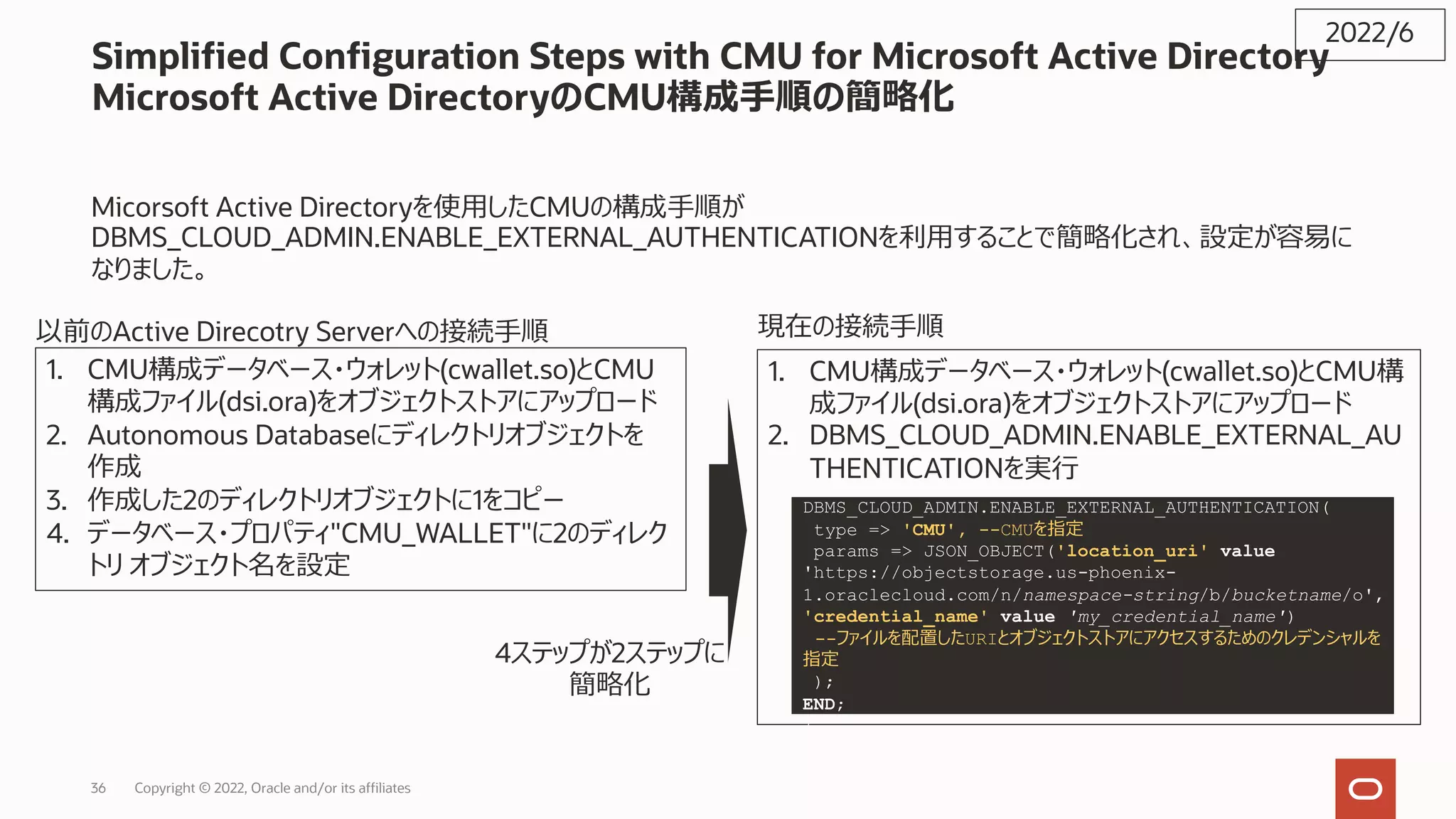 Simplified Configuration Steps with CMU for Microsoft Active Directory
Microsoft Active DirectoryのCMU構成⼿順の簡略化
Micorsoft Active Directoryを使⽤したCMUの構成⼿順が
DBMS_CLOUD_ADMIN.ENABLE_EXTERNAL_AUTHENTICATIONを利⽤することで簡略化され、設定が容易に
なりました。
2022/6
1. CMU構成データベース・ウォレット(cwallet.so)とCMU
構成ファイル(dsi.ora)をオブジェクトストアにアップロード
2. Autonomous Databaseにディレクトリオブジェクトを
作成
3. 作成した2のディレクトリオブジェクトに1をコピー
4. データベース・プロパティ"CMU_WALLET"に2のディレク
トリ オブジェクト名を設定
1. CMU構成データベース・ウォレット(cwallet.so)とCMU構
成ファイル(dsi.ora)をオブジェクトストアにアップロード
2. DBMS_CLOUD_ADMIN.ENABLE_EXTERNAL_AU
THENTICATIONを実⾏
BEGIN
DBMS_CLOUD_ADMIN.ENABLE_EXTERNAL_AUTHENTICATION(
type => 'CMU', --CMUを指定
params => JSON_OBJECT('location_uri' value
'https://objectstorage.us-phoenix-
1.oraclecloud.com/n/namespace-string/b/bucketname/o',
'credential_name' value 'my_credential_name')
--ファイルを配置したURIとオブジェクトストアにアクセスするためのクレデンシャルを
指定
);
END;
/
以前のActive Direcotry Serverへの接続⼿順 現在の接続⼿順
4ステップが2ステップに
簡略化
Copyright © 2022, Oracle and/or its affiliates
36
 