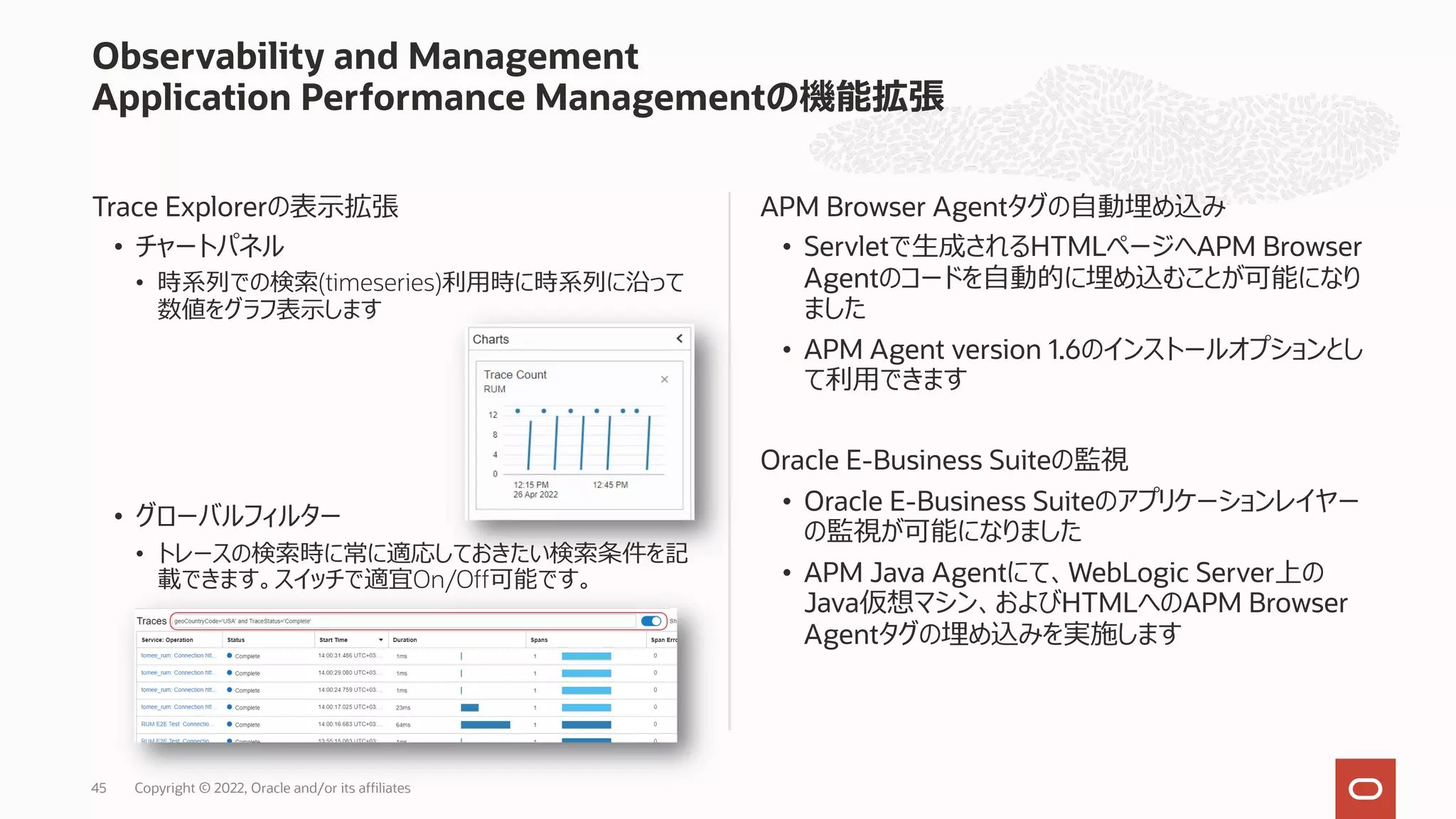 Trace Explorerの表⽰拡張
• チャートパネル
• 時系列での検索(timeseries)利⽤時に時系列に沿って
数値をグラフ表⽰します
• グローバルフィルター
• トレースの検索時に常に適応しておきたい検索条件を記
載できます。スイッチで適宜On/Off可能です。
APM Browser Agentタグの⾃動埋め込み
• Servletで⽣成されるHTMLページへAPM Browser
Agentのコードを⾃動的に埋め込むことが可能になり
ました
• APM Agent version 1.6のインストールオプションとし
て利⽤できます
Oracle E-Business Suiteの監視
• Oracle E-Business Suiteのアプリケーションレイヤー
の監視が可能になりました
• APM Java Agentにて、WebLogic Server上の
Java仮想マシン、およびHTMLへのAPM Browser
Agentタグの埋め込みを実施します
Observability and Management
Application Performance Managementの機能拡張
Copyright © 2022, Oracle and/or its affiliates
45
 