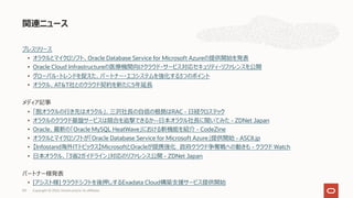 プレスリリース
• オラクルとマイクロソフト、Oracle Database Service for Microsoft Azureの提供開始を発表
• Oracle Cloud Infrastructureの医療機関向けクラウド・サービス対応セキュリティ・リファレンスを公開
• グローバル・トレンドを捉えた、パートナー・エコシステムを強化する3つのポイント
• オラクル、AT&T社とのクラウド契約を新たに5年延⻑
メディア記事
• 「脱オラクルの⾏き先はオラクル」、三沢社⻑の⾃信の根拠はRAC - ⽇経クロステック
• オラクルのクラウド基盤サービスは競合を追撃できるか--⽇本オラクル社⻑に聞いてみた - ZDNet Japan
• Oracle、最新の「Oracle MySQL HeatWave」における新機能を紹介 - CodeZine
• オラクルとマイクロソフトが「Oracle Database Service for Microsoft Azure」提供開始 - ASCII.jp
• 【Infostand海外ITトピックス】MicrosoftとOracleが提携強化 政府クラウド争奪戦への動きも - クラウド Watch
• ⽇本オラクル、「3省2ガイドライン」対応のリファレンス公開 - ZDNet Japan
パートナー様発表
• [アシスト様] クラウドシフトを後押しするExadata Cloud構築⽀援サービス提供開始
関連ニュース
Copyright © 2022, Oracle and/or its affiliates
101
 
