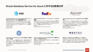 Oracle Database Service for Azure に対するお客様の声
Oracle Database Service for Azureにより、OCIデータベース
およびAzureアプリケーションの相互運⽤性が向上
「当社はOracle Databaseを⼤規模に運⽤しています。オラクルと
Microsoftのクラウドパートナーシップにより、Exadata Database
ServiceとAutonomous Databaseでこれらのデータベースを最新
化しながら、Microsoft Azure上で多数のアプリケーションを稼働さ
せることができます。」
Jeremy Legg
AT＆T社, CTO
OCIとAzureのマルチクラウド・パートナシップでデータ・アクセスを
簡素化
「複数のクラウドでデータにアクセスできるようにすることは、画期的なこ
とです。Oracle Database Service for Azureのおかげで、OCIデー
タベースを迅速かつコスト効率よく使⽤でき、Azureのアナリティクスと
ビッグ・データ機能を利⽤できるようになりました。」
Rob Carter
FedEx社, エグゼクティブ・バイス・プレジデント
Oracle Database Service for AzureはOCIとAzureの機能を
統合
「マルチクラウド・アーキテクチャにより、機能、パフォーマンス、価格に
基づいてワークロードごとに最適なクラウド・プロバイダを選択できるよう
になりました。OCIとAzureのパートナシップにより、2つの主要なクラウ
ド・プロバイダ(OCIのOracle DatabaseサービスやAzureのアプリケー
ション開発機能など)の機能が統合されています。」
Naveen Manga⽒
Marriott International, CTO
マルチクラウド・アーキテクチャにより、クラウドの最新化への最善の
アプローチを実現
「当社は、アプリケーションを最新化するために、複数の最⾼⽔準のク
ラウドテクノロジーの導⼊に多額の投資を⾏っています。オラクルと
Microsoftのパートナーシップは、シームレスな マルチクラウド・エクスペ
リエンスを提供し、実装を⼤幅に簡素化すると考えています。」
Angelica Tritzo
GE社, CIO
Integra LifeSciences、OCI-Azureのマルチクラウド展開により、
パフォーマンスを最⼤140%向上
「顧客として、オラクルとMicrosoftの間のこのレベルの協⼒関係から、
⼤きな利点を享受できます。」
Peter Gawroniak
Integra LifeSciences, インフラストラクチャおよびオペレーション担当
シニア・ディレクター
MESTEC、オラクルとAzureで⼯場のパフォーマンスを向上
MESTECは、Oracle Autonomous Database、Oracle Cloud、
およびMicrosoft Azure Interconnectによって、オンプレミス環境と
⽐較して、⼈件費とインフラストラクチャ・コストを半分に削減し、ワー
クロードを半数のCPUで最⼤600%⾼速に実⾏できました。
Copyright © 2022, Oracle and/or its affiliates
15 https://www.oracle.com/jp/cloud/azure/
 