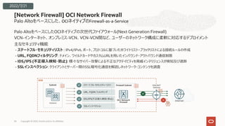 Palo Altoをベースにした、OCIネイティブのFirewall-as-a-Service
Palo AltoをベースにしたOCIネイティブの次世代ファイアウォール(Next Generation Firewall)
VCN-インターネット、オンプレミス-VCN、VCN-VCN間など、ユーザーのネットワーク構成に柔軟に対応するデプロイメント
主なセキュリティ機能
- ステートフル・セキュリティリスト : IPv4/IPv6, ポート, プロトコルに基づいたホワイトリスト・ブラックリストによる接続ルールの作成
- URL, FQDNフィルタリング: ドメイン、ワイルドカードやカスタムURLを⽤いたインバウンド・アウトバウンド通信制限
- IDS/IPS (不正侵⼊検知・防⽌): 様々なサイバー攻撃による不正なアクテイビティを脅威インテリジェンスが検知及び遮断
- SSLインスペクション: クライアントとサーバー間のSSL暗号化通信を解読しネットワーク・コンテンツを調査
[Network Firewall] OCI Network Firewall
Copyright © 2022, Oracle and/or its affiliates
34
VCN
Subnet
Instance
Firewall Subnet
OCI Network
Firewall
✓ ステートフル・セキュリティ・リスト
✓ URL, FQDN フィルタリング
✓ IDS/IPS(不正侵⼊検知・防⽌)
✓ SSLインスペクション
✓
✕ Internet
IGW/NAT
Gateway
2022/7/21
 
