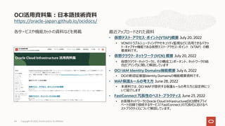 https://oracle-japan.github.io/ocidocs/
各サービスや機能カットの資料などを掲載
OCI活⽤資料集︓⽇本語技術資料
Copyright © 2022, Oracle and/or its affiliates
44
最近アップロードされた資料
• 仮想テスト・アクセス・ポイント(VTAP)概要 July 20, 2022
• VCNのトラブルシューティングやセキュリティ監視などに活⽤できるパケッ
ト・キャプチャ機能である仮想テスト・アクセス・ポイント（VTAP）の概
要資料です。
• 仮想クラウド・ネットワーク (VCN) 概要 July 20, 2022
• 仮想クラウド・ネットワークと、その構成コンポーネント、ネットワークの結
合(ピアリング)に関して解説しています
• OCI IAM Identity Domains機能概要 July 6, 2022
• OCIの新認証基盤Identity Domainsの機能概要資料です。
• WAF保護ルールの考え⽅ June 28, 2022
• 本資料では、OCI WAFが提供する保護ルールの考え⽅と設定例につ
いて紹介します
• FastConnect 冗⻑性のベスト・プラクティス June 23, 2022
• お客様ネットワークとOracle Cloud Infrastructure(OCI)間をプライ
ベート回線で接続するサービス「FastConnect」の冗⻑化におけるベ
ストプラクティスについて解説しています。
 