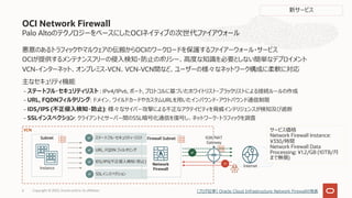 Palo AltoのテクノロジーをベースにしたOCIネイティブの次世代ファイアウォール
悪意のあるトラフィックやマルウェアの伝搬からOCIのワークロードを保護するファイアーウォール・サービス
OCIが提供するメンテナンスフリーの侵⼊検知・防⽌のポリシー、⾼度な知識を必要としない簡単なデプロイメント
VCN-インターネット、オンプレミス-VCN、VCN-VCN間など、ユーザーの様々なネットワーク構成に柔軟に対応
主なセキュリティ機能
- ステートフル・セキュリティリスト : IPv4/IPv6, ポート, プロトコルに基づいたホワイトリスト・ブラックリストによる接続ルールの作成
- URL, FQDNフィルタリング: ドメイン、ワイルドカードやカスタムURLを⽤いたインバウンド・アウトバウンド通信制限
- IDS/IPS (不正侵⼊検知・防⽌): 様々なサイバー攻撃による不正なアクテイビティを脅威インテリジェンスが検知及び遮断
- SSLインスペクション: クライアントとサーバー間のSSL暗号化通信を復号し、ネットワーク・トラフィックを調査
OCI Network Firewall
6
VCN
Subnet
Instance
Firewall Subnet
Network
Firewall
✓ ステートフル・セキュリティ・リスト
✓ URL, FQDN フィルタリング
✓ IDS/IPS(不正侵⼊検知・防⽌)
✓ SSLインスペクション
✓
✕
Internet
IGW/NAT
Gateway
Copyright © 2022, Oracle and/or its affiliates
新サービス
サービス価格
Network Firewall Instance:
¥330/時間
Network Firewall Data
Processing: ¥1.2/GB (10TB/⽉
まで無償)
[ブログ記事] Oracle Cloud Infrastructure Network Firewallの発表
 