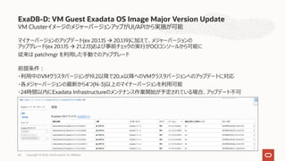 VM ClusterイメージのメジャーバージョンアップがUI/APIから実施が可能
ExaDB-D: VM Guest Exadata OS Image Major Version Update
マイナーバージョンのアップデート(ex 20.1.15 à 20.1.19)に加えて、メジャーバージョンの
アップグレード(ex 20.1.15 à 21.2.13)および事前チェックの実⾏がOCIコンソールから可能に
従来は patchmgr を利⽤した⼿動でのアップグレード
前提条件︓
・利⽤中のVMクラスタバージョンが19.2以降で20.x以降へのVMクラスタバージョンへのアップデートに対応
・各メジャーバージョンの最新から4つ(N-3)以上のマイナーバージョンを利⽤可能
・24時間以内にExadata Infrastructureのメンテナンス作業開始が予定されている場合、アップデート不可
Copyright © 2022, Oracle and/or its affiliates
60
 