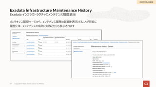 Exadata インフラストラクチャのメンテナンス履歴表⽰
メンテナンス履歴ページから、メンテナンス履歴の詳細を表⽰することが可能に
履歴には、メンテナンスの成功・失敗どちらも表⽰されます
Exadata Infrastructure Maintenance History
Copyright © 2022, Oracle and/or its affiliates
64
2022/08/2追加
 