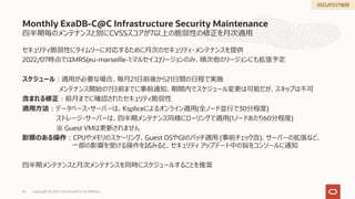 四半期毎のメンテナンスと別にCVSSスコアが7以上の脆弱性の修正を⽉次適⽤
セキュリティ脆弱性にタイムリーに対応するために⽉次のセキュリティ・メンテナンスを提供
2022/07時点ではMRS(eu-marseille-1:マルセイユ)リージョンのみ、順次他のリージョンにも拡張予定
スケジュール︓適⽤が必要な場合、毎⽉21⽇前後から21⽇間の⽇程で実施
メンテナンス開始の7⽇前までに事前通知、期間内でスケジュール変更は可能だが、スキップは不可
含まれる修正︓前⽉までに確認されたセキュリティ脆弱性
適⽤⽅法︓データベース・サーバーは、Kspliceによるオンライン適⽤(全ノード並⾏で30分程度)
ストレージ・サーバーは、四半期メンテナンス同様にローリングで適⽤(1ノードあたり60分程度)
※ Guest VMは更新されません
影響のある操作︓CPUやメモリのスケーリング、Guest OSやGIのパッチ適⽤ (事前チェック含)、サーバーの拡張など、
⼀部の影響を受ける操作を試みると、セキュリティ アップデート中の旨をコンソールに通知
四半期メンテナンスと⽉次メンテナンスを同時にスケジュールすることを推奨
Monthly ExaDB-C@C Infrastructure Security Maintenance
Copyright © 2022, Oracle and/or its affiliates
65
2022/07/27追加
 
