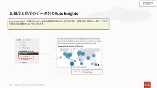 Auto Insights は、任意のデータセット内の緯度と経度のデータ型を認識し、提案された洞察の⼀部としてマップ
の視覚化を⾃動的にレンダリングします。
3. 緯度と経度のデータ列のAuto Insights
83
2022/7
Copyright © 2022, Oracle and/or its affiliates
 