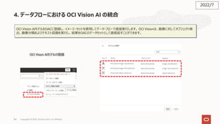 84
4. データフローにおける OCI Vision AI の統合
OCI Vision AIモデルをOACに登録し、イメージ・セットを使⽤してデータ・フローで直接実⾏します。 OCI Visionは、画像に対してオブジェクト検
出、画像分類およびテキスト認識を実⾏し、結果をOACのデータセットとして直接返すことができます。
OCI Vison AIモデルの登録
2022/7
Copyright © 2022, Oracle and/or its affiliates
 