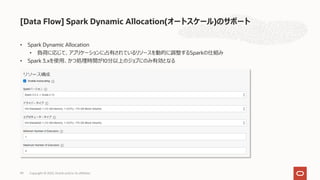 • Spark Dynamic Allocation
• 負荷に応じて、アプリケーションに占有されているリソースを動的に調整するSparkの仕組み
• Spark 3.xを使⽤、かつ処理時間が10分以上のジョブにのみ有効となる
[Data Flow] Spark Dynamic Allocation(オートスケール)のサポート
99 Copyright © 2022, Oracle and/or its affiliates
 