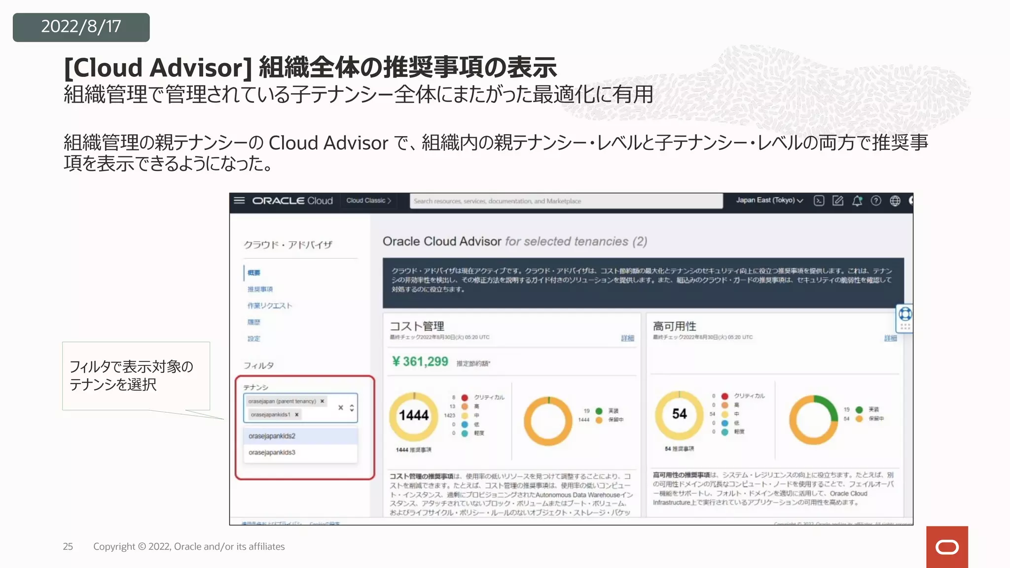 組織管理で管理されている⼦テナンシー全体にまたがった最適化に有⽤
組織管理の親テナンシーの Cloud Advisor で、組織内の親テナンシー・レベルと⼦テナンシー・レベルの両⽅で推奨事
項を表⽰できるようになった。
[Cloud Advisor] 組織全体の推奨事項の表⽰
25
2022/8/17
フィルタで表⽰対象の
テナンシを選択
Copyright © 2022, Oracle and/or its affiliates
 