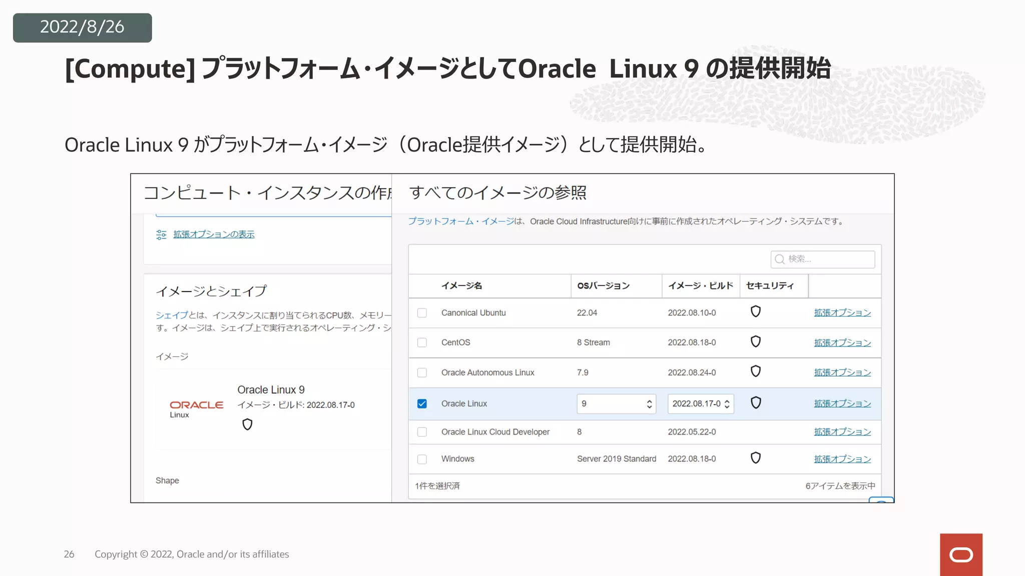 Oracle Linux 9 がプラットフォーム・イメージ（Oracle提供イメージ）として提供開始。
[Compute] プラットフォーム・イメージとしてOracle Linux 9 の提供開始
26
2022/8/26
Copyright © 2022, Oracle and/or its affiliates
 