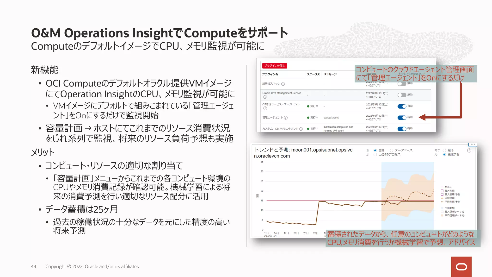 ComputeのデフォルトイメージでCPU、メモリ監視が可能に
新機能
• OCI Computeのデフォルトオラクル提供VMイメージ
にてOperation InsightのCPU、メモリ監視が可能に
• VMイメージにデフォルトで組みこまれている「管理エージェ
ント」をOnにするだけで監視開始
• 容量計画 → ホストにてこれまでのリソース消費状況
をじれ系列で監視、将来のリソース負荷予想も実施
メリット
• コンピュート・リソースの適切な割り当て
• 「容量計画」メニューからこれまでの各コンピュート環境の
CPUやメモリ消費記録が確認可能。機械学習による将
来の消費予測を⾏い適切なリソース配分に活⽤
• データ蓄積は25ヶ⽉
• 過去の稼働状況の⼗分なデータを元にした精度の⾼い
将来予測
O&M Operations InsightでComputeをサポート
44
コンピュートのクラウドエージェント管理画⾯
にて「管理エージェント」をOnにするだけ
蓄積されたデータから、任意のコンピュートがどのような
CPU,メモリ消費を⾏うか機械学習で予想、アドバイス
Copyright © 2022, Oracle and/or its affiliates
 