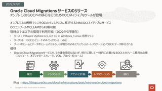 オンプレミスからOCIへの移⾏を⾏うためのOCIネイティブなツールが登場
オンプレミスの仮想マシンをOCIのインスタンスに移⾏するためのOCIネイティブなサービス
OCIコンソールやCLI,APIから利⽤可能
現時点では以下の環境で利⽤可能（2022年9⽉現在）
• ソース︓VMware vSphere 6.5, 6.7, 7.0 の Windows / Linux 仮想マシン
• ターゲット︓OCIコンピュートVMインスタンス（x86）
• ブートボリュームとデータボリュームのフルもしくは増分のVMスナップショット・レプリケーションでOCIにデータ移⾏される
価格
• Oracle Cloud Migrationsサービスとしての課⾦項⽬はないが、移⾏に際して⼀時的に必要となるOCI上のリソース費⽤が必要
（コンピュート、オブジェクト・ストレージ、VCN、ブロック・ボリューム）
Oracle Cloud Migrations サービスのリリース
17
検出 インベントリ アセットと計画 レプリケーション 移⾏
Blog︓https://blogs.oracle.com/cloud-infrastructure/post/intro-oracle-cloud-migrations
2022/9/20
Copyright © 2022, Oracle and/or its affiliates
 