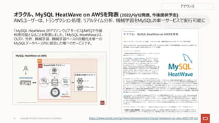 AWSユーザーは、トランザクション処理、リアルタイム分析、機械学習をMySQLの単⼀サービスで実⾏可能に
「MySQL HeatWave」がアマゾン ウェブ サービス(AWS)で今後
利⽤可能となることを発表しました。「MySQL HeatWave」は、
OLTP、分析、機械学習、機械学習ベースの⾃動化を単⼀の
MySQLデータベース内に統合した唯⼀のサービスです。
オラクル、MySQL HeatWave on AWSを発表 (2022/9/12発表, 今後提供予定)
https://www.oracle.com/jp/news/announcement/mysql-heatwave-on-aws-2022-09-12/
Copyright © 2022, Oracle and/or its affiliates
21
アナウンス
 