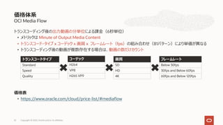 OCI Media Flow
トランスコーディング後の出⼒動画の分単位による課⾦（6秒単位）
• メトリックは Minute of Output Media Content
• トランスコード・タイプ x コーデック x 画質 x フレームレート（fps）の組み合わせ（81パターン）により単価が異なる
• トランスコーディング後の動画が複数存在する場合は、動画の数だけカウント
価格表
• https://www.oracle.com/cloud/price-list/#mediaflow
価格体系
Copyright © 2022, Oracle and/or its affiliates
32
トランスコードタイプ
Standard
Speed
Quality
コーデック
H264
VP8
H265 VP9
画質
SD
HD
4K
フレームレート
Below 30fps
30fps and Below 60fps
60fps and Below 120fps
 