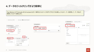 Top-Bottom N や Exclude または Include などの⼀般的なフィルターにすばやくアクセスできる新しいフィルター バーを使⽤して、データをより
簡単にフィルター処理します。
4. データのフィルタリングがより簡単に
Copyright © 2022, Oracle and/or its affiliates
42
 