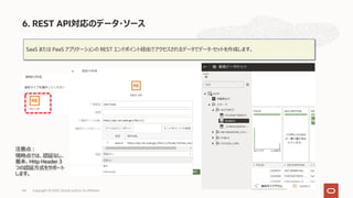 SaaS または PaaS アプリケーションの REST エンドポイント経由でアクセスされるデータでデータ・セットを作成します。
注意点︓
現時点では、認証なし、
基本、Http Header３
つの認証⽅式をサポート
します。
6. REST API対応のデータ・ソース
Copyright © 2022, Oracle and/or its affiliates
44
 