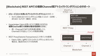 [Blockchain] REST APIでの複数Channel間アトミックトランザクションのサポート
• 2フェーズコミットを⽤いたアトミックトランザクションをサポート
• セットに含めた全てのトランザクションが揃ってコミット（反映）、
またはロールバック（撤回）される
• Hyperledger Fabricを⽤いるうえで課題となりがちな
複数Channel間での更新の整合性担保を容易に
• 例︓Channel1でNFTの所有者を更新しつつ、
Channel2で代⾦としてコインの残⾼を移転
• REST ProxyのatomicTransactionsエンドポイントを使⽤
• Fabric SDK／gRPCでアトミックトランザクションを⾏いたい
場合は、後述のXAライブラリを利⽤
58 Copyright © 2022, Oracle and/or its affiliates
クライアント
アプリケーション
REST Proxy
Channel 1
REST API:
atomicTransactions [
{Ch1でのTx1},
{Ch2でのTx2}
]
{Ch1でのTx1}
Channel 2
{Ch2でのTx2}
アトミック
Blockchain
 