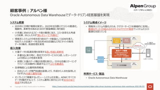 システム概要
• 2019年に中期IT戦略を策定し、2023年を⽬標にITコストの最適化、
機動性、柔軟性を⾼めるためのIT基盤構築に取り組む
• ⼩売業に求められるスピード感の獲得に加え、コスト効率化も考慮
した結果、決⼼したのが”脱レガシー”と”内製化”
• 情報系システムの中核を担う統合データ基盤としてADWを導⼊、
900万⼈の会員データを含む約400店舗およびECサイトの販売
データの集約、⾼速処理を実現
導⼊効果
• ⼤量データの⾼速処理を実現する⾼い性能と柔軟性
• 多重SQL実⾏時に、他社クラウドサービスの1.5倍、レガシーシステ
ムの3倍以上の性能を実現
• 夜間に⼤量のデータ集計処理を実⾏し、⽇中は⾃動スケーリング
でリソースを⾃動的に縮退することでコストを最適化
• ⾃律機能による運⽤負荷軽減
• ⾃社メンバーが専⾨知識を習得したり、外部から⼈材を採⽤した
りせずとも内製で運⽤可能
• オンプレミスで稼働するレガシー・システムを全廃し、ADWにすべての
データを集約することで、システム運⽤に掛かるコストを10分の1まで
削減できる⾒込み
Oracle Autonomous Data Warehouseでデータ・ドリブン経営基盤を実現
システム構成イメージ
• 情報系システム内製化のため、クラウド・サービスを積極的に活⽤し、
最適なサービスを組み合わせたマルチクラウド環境でシステムのコスト
最適化を図っている
利⽤サービス・製品
• Oracle Autonomous Data Warehouse
顧客事例︓アルペン様
Copyright © 2022, Oracle and/or its affiliates
66 https://www.oracle.com/jp/news/announcement/alpen-data-driven-business-autonomous-data-warehouse-2022-08-29/
 