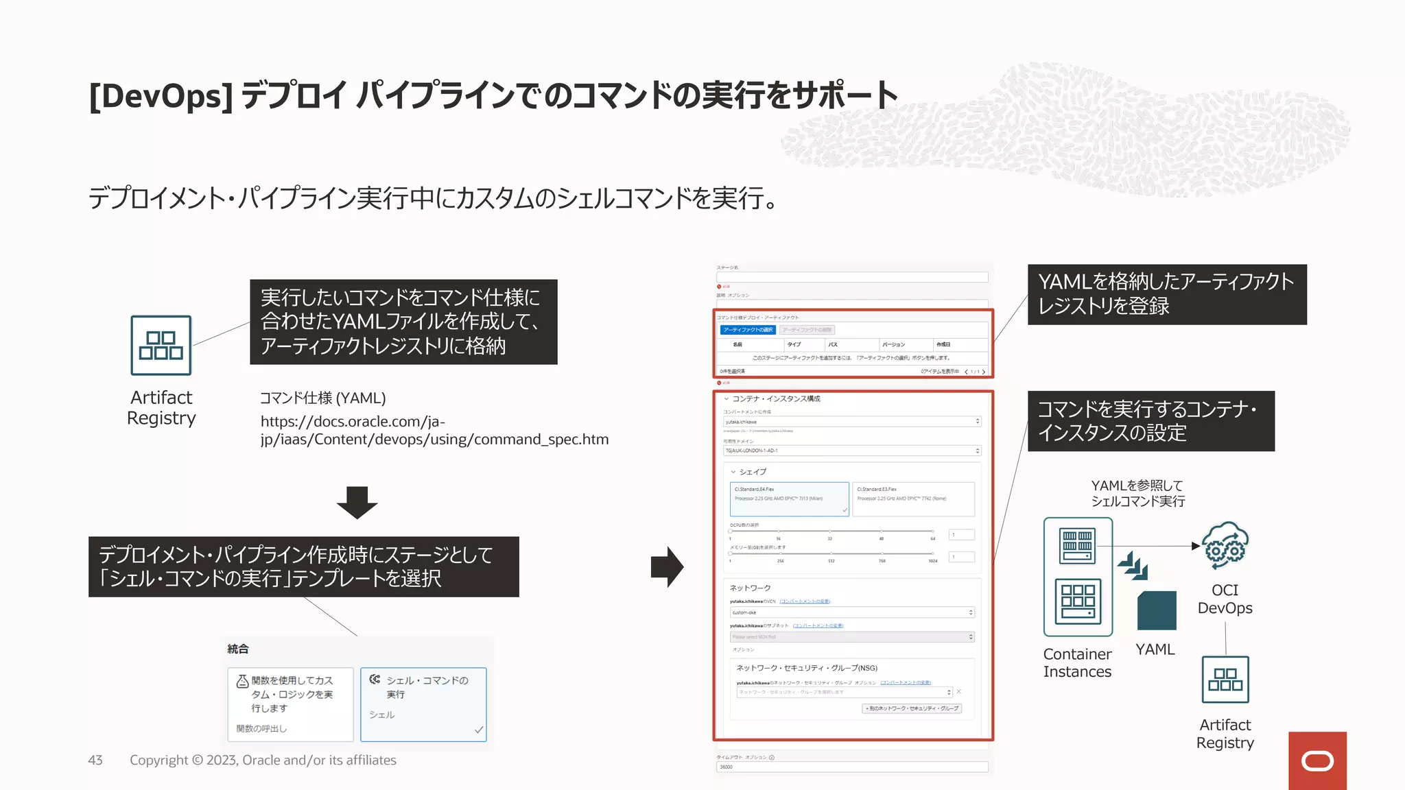 デプロイメント・パイプライン実⾏中にカスタムのシェルコマンドを実⾏。
[DevOps] デプロイ パイプラインでのコマンドの実⾏をサポート
Copyright © 2023, Oracle and/or its affiliates
43
実⾏したいコマンドをコマンド仕様に
合わせたYAMLファイルを作成して、
アーティファクトレジストリに格納
Artifact
Registry
デプロイメント・パイプライン作成時にステージとして
「シェル・コマンドの実⾏」テンプレートを選択
https://docs.oracle.com/ja-
jp/iaas/Content/devops/using/command_spec.htm
コマンド仕様 (YAML)
YAMLを格納したアーティファクト
レジストリを登録
コマンドを実⾏するコンテナ・
インスタンスの設定
Artifact
Registry
Container
Instances
OCI
DevOps
YAMLを参照して
シェルコマンド実⾏
YAML
 