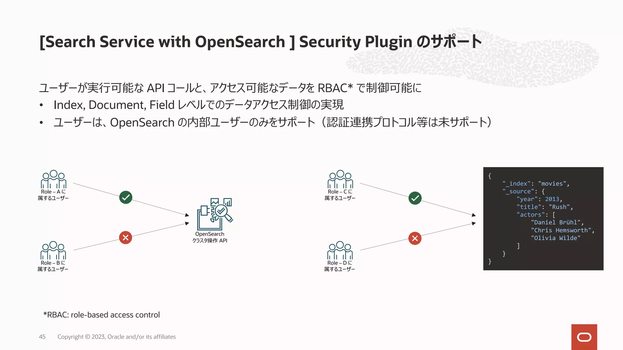 ユーザーが実⾏可能な API コールと、アクセス可能なデータを RBAC* で制御可能に
• Index, Document, Field レベルでのデータアクセス制御の実現
• ユーザーは、OpenSearch の内部ユーザーのみをサポート（認証連携プロトコル等は未サポート）
[Search Service with OpenSearch ] Security Plugin のサポート
Role – A に
属するユーザー
Role – B に
属するユーザー
OpenSearch
クラスタ操作 API
Role – C に
属するユーザー
Role – D に
属するユーザー
{
"_index": "movies",
"_source": {
"year": 2013,
"title": "Rush",
"actors": [
"Daniel Brühl",
"Chris Hemsworth",
"Olivia Wilde"
]
}
}
*RBAC: role-based access control
Copyright © 2023, Oracle and/or its affiliates
45
 