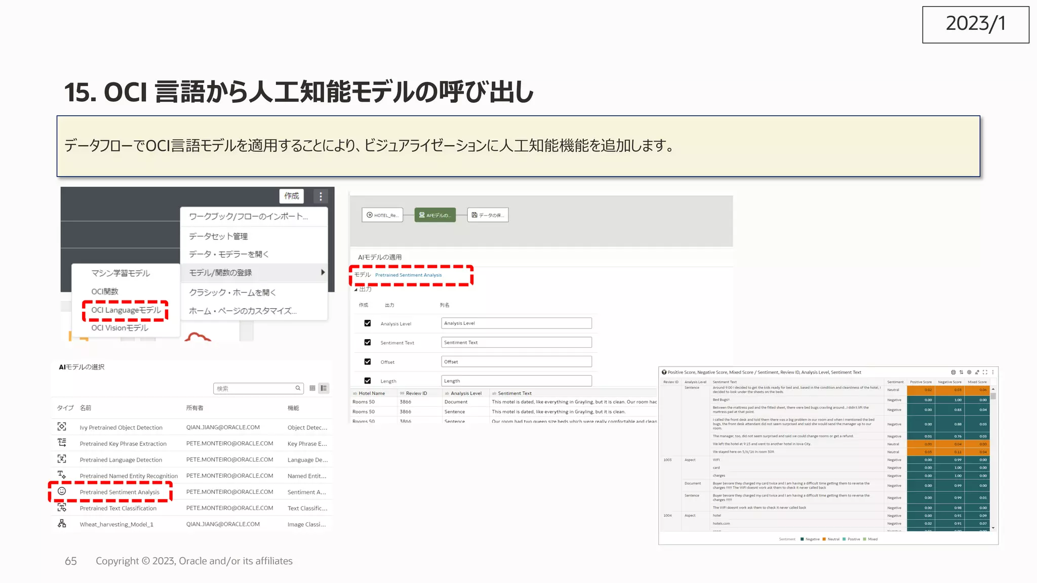 15. OCI ⾔語から⼈⼯知能モデルの呼び出し
データフローでOCI⾔語モデルを適⽤することにより、ビジュアライゼーションに⼈⼯知能機能を追加します。
2023/1
Copyright © 2023, Oracle and/or its affiliates
65
 