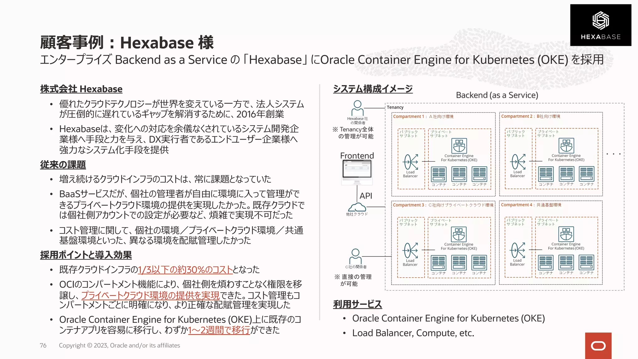 エンタープライズ Backend as a Service の 「Hexabase」 にOracle Container Engine for Kubernetes (OKE) を採⽤
株式会社 Hexabase
• 優れたクラウドテクノロジーが世界を変えている⼀⽅で、法⼈システム
が圧倒的に遅れているギャップを解消するために、2016年創業
• Hexabaseは、変化への対応を余儀なくされているシステム開発企
業様へ⼿段と⼒を与え、DX実⾏者であるエンドユーザー企業様へ
強⼒なシステム化⼿段を提供
従来の課題
• 増え続けるクラウドインフラのコストは、常に課題となっていた
• BaaSサービスだが、個社の管理者が⾃由に環境に⼊って管理がで
きるプライベートクラウド環境の提供を実現したかった。既存クラウドで
は個社側アカウントでの設定が必要など、煩雑で実現不可だった
• コスト管理に関して、個社の環境／プライベートクラウド環境／共通
基盤環境といった、異なる環境を配賦管理したかった
採⽤ポイントと導⼊効果
• 既存クラウドインフラの1/3以下の約30%のコストとなった
• OCIのコンパートメント機能により、個社側を煩わすことなく権限を移
譲し、プライベートクラウド環境の提供を実現できた。コスト管理もコ
ンパートメントごとに明確になり、より正確な配賦管理を実現した
• Oracle Container Engine for Kubernetes (OKE)上に既存のコ
ンテナアプリを容易に移⾏し、わずか1〜2週間で移⾏ができた
システム構成イメージ
利⽤サービス
• Oracle Container Engine for Kubernetes (OKE)
• Load Balancer, Compute, etc.
顧客事例︓Hexabase 様
Copyright © 2023, Oracle and/or its affiliates
76
 