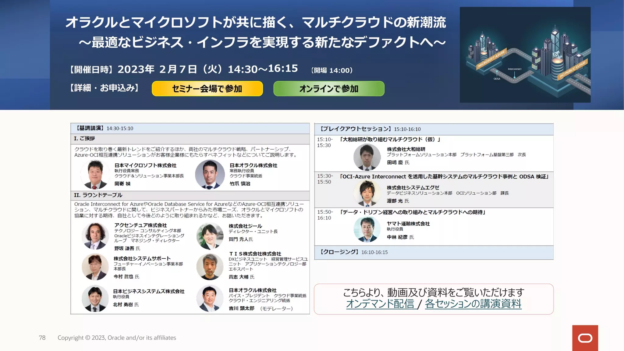 Copyright © 2023, Oracle and/or its affiliates
78
こちらより、動画及び資料をご覧いただけます
オンデマンド配信 / 各セッションの講演資料
 