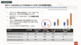 https://docs.oracle.com/en-us/iaas/releasenotes/changes/7cbf2532-ffb0-42f2-82e0-c1442a724873/
X9ベースのVMシェイプのGPUインスタンスが利⽤可能に
2023/3/1
• グラフィック、機械学習推論ワークロード向き（詳
細はこちら） A10 GPUを搭載したシェイプ
• GPU3シリーズ（V100 GPU）よりも安価に⾼性
能を提供
• ただし、倍精度浮動⼩数の演算能⼒はV100
GPUの⽅が上回るので⽤途に応じて使い分けを
⾏う（右図⾚丸）
• インスタンス停⽌中は課⾦が停⽌（こちら）
シェイプ OCPU数 GPUメモリ―
（GB）
CPUメモ
リー（GB）
ローカル・ディスク
（TB）
最⼤NW帯域
（Gbps）
BM.GPU.GU1.4 (A10×4) 64 96 1024 7.68 2 × 50
VM.GPU.GU1.1 (A10×1) 15 24 240 N/A 24
VM.GPU.GU1.2 (A10×2) 30 48 480 N/A 48
Copyright © 2023, Oracle and/or its affiliates
19
 