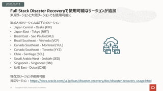 東京リージョンと⼤阪リージョンでも使⽤可能に
追加されたリージョンは以下の10リージョン
• Japan Central - Osaka (KIX)
• Japan East - Tokyo (NRT)
• Brazil East - Sao Paulo (GRU)
• Brazil Southeast - Vinhedo (VCP)
• Canada Southeast - Montreal (YUL)
• Canada Southeast - Toronto (YYZ)
• Chile - Santiago (SCL)
• Saudi Arabia West - Jeddah (JED)
• Singapore - Singapore (SIN)
• UAE East - Dubai (DXB)
現在20リージョンが使⽤可能
対応リージョン︓https://docs.oracle.com/ja-jp/iaas/disaster-recovery/doc/disaster-recovery-usage.html
Full Stack Disaster Recoveryで使⽤可能なリージョンが追加
2023/3/13
Copyright © 2023, Oracle and/or its affiliates
20
 