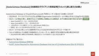 [Autonomous Database] DB接続のクライアント資格証明(ウォレット)差し替えのお願い
Autonomous Database on Shared Infrastructureをご利⽤のユーザーの皆さまへのお願いになります
• 2022年8⽉、すべてのパブリックTLS/SSL証明書のOrganization Unit(OU)フィールドが廃⽌されました(DigiCert社の発表)
• OUフィールド廃⽌に伴い、従来のウォレットを使⽤した接続(mTLS接続)が、以下の期⽇以後できなくなります
• Japan East(NRT) リージョン︓2023年5⽉18⽇
• Japan Central(KIX) リージョン︓2023年5⽉11⽇
• 上記以外のリージョンの期⽇については、MOS Noteをご参照ください
• 従来は、全リージョン2023年3⽉6⽇を予定していました
• OUフィールドのない新しいmTLS接続⽤のウォレットは2023年1⽉10⽇からダウンロード可能です
• ウォレットを使わないTLS接続でDB接続を⾏っているユーザーも、接続⽂字列の更新が必要な場合があります
• 2022年8⽉以前に接続⽂字列を取得した場合(OUフィールドが含まれている)に対応が必要です
詳細は以下をご覧ください
• Autonomous Database 技術FAQ
• ALERT: Action Required for Autonomous Databases that Use mTLS Authentication (Doc ID 2911553.1)
情報Update
UPDATE
Copyright © 2023, Oracle and/or its affiliates
31
 