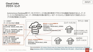 32 Copyright © 2023, Oracle and/or its affiliates
Cloud Links
クラウド・リンク
Autonomous Database間でデータにクラウドベースで読み取り専⽤でアクセスできる機能が追加されました。データ
ベース・リンクを作成することなく、データ所有者が対象の表やビューをデータ・セットとして登録するだけで指定したスコー
プで共有が簡単に⾏えます。
2023/3
Documentation:26 Using Cloud Links for Read Only Data Access on Autonomous Database
blog:Database links in Autonomous Database Shared are the past - Cloud links are the future
ユーザ名︓CLOUDLINK
オブジェクト名︓SALES_VIEW_AGG
ビュー
ネームスペース︓REGIONAL_SALES
データ・セット名︓SALES_VIEW
説明︓テナンシー内アクセス可
スコープ︓MY$TENANCY
テナンシーXXX
ユーザ名︓CLOUDLINK
オブジェクト名︓SALES_ALL表
ネームスペース︓TRUSTED
データ・セット名︓SALES
説明︓コンパートメント内アクセス可
スコープ︓MY$COMPARTMENT
コンパートメントA
A以外の
コンパートメント
ソースDBで
データ・セットを2つ登録
ソースDB
両⽅のデータ・セットの読取り可
SELECT ＊ FROM
REGIONAL_SALES.SALE_VIEW@
cloud$link;
SELECT *FROM
TRUSTED.SALES@cloud_link;
SALES_VIEWのみ読取り可
SELECT ＊ FROM
REGIONAL_SALES.SALE_VIEW
@cloud$link;
※アクセスするDBユーザに
クラウド・リンクへのアクセス
権限付与が必要
 